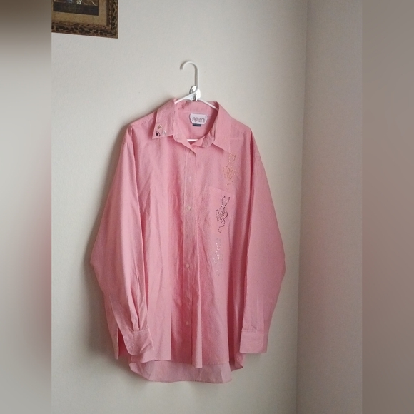 Assets Tops - Assets Blouse Women 1X Red & White Casual Button Down Shirt Artsy Embellishments